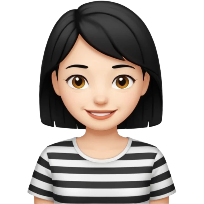 Black-haired girl, short to the neck, wearing white shirt with black stripes, happy emoji