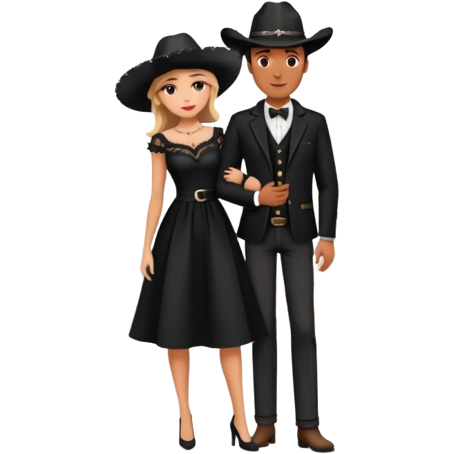 couple in front of Eiffel Tower, man in black cowboy hat, woman in elegant Parisian style dress with out hat, pink flowers around and Eiffel Tower in the background  emoji