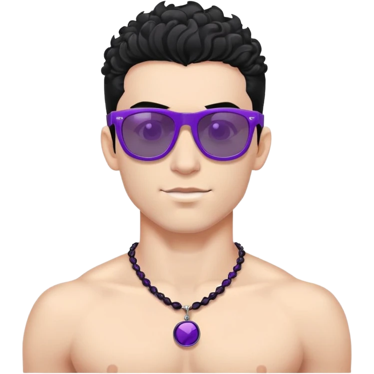 shirtless male athlete with white skin and moderately curly black hair on top with shaved sides, wearing purple sunglasses with black tinted lenses and a shiny black necklace emoji