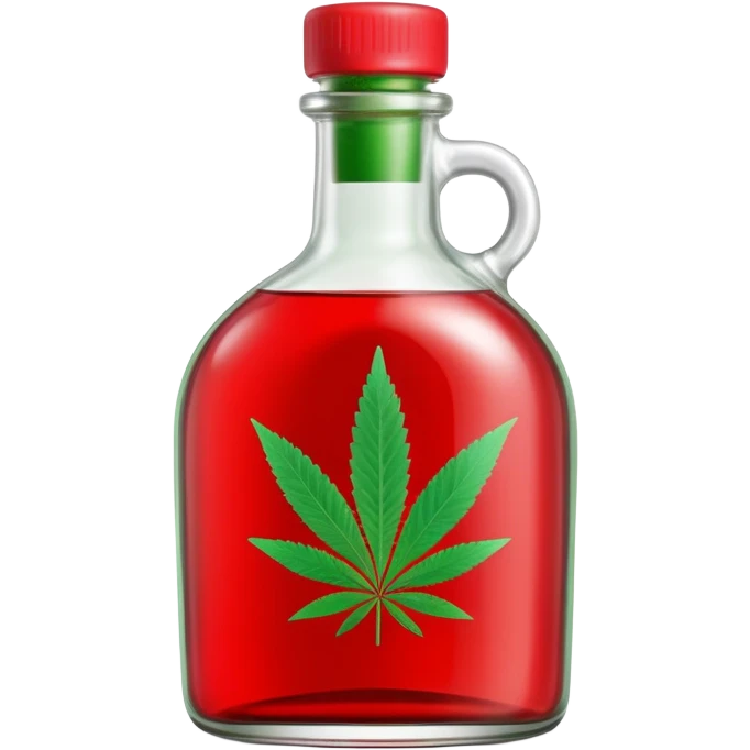 Curved glass bottle in red with a green cannabis leaf printed on it and clearly labeled "red pop" on the bottle emoji