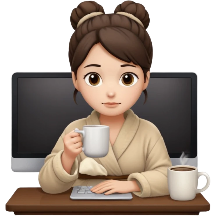 A brunette girl with a bun as hairstyle, with dark brown eyes, dark circles under eyes, tired, sad face, with a mug of coffee in one hand and sitting in front of a computer, wearing a soft fluffy beige robe emoji