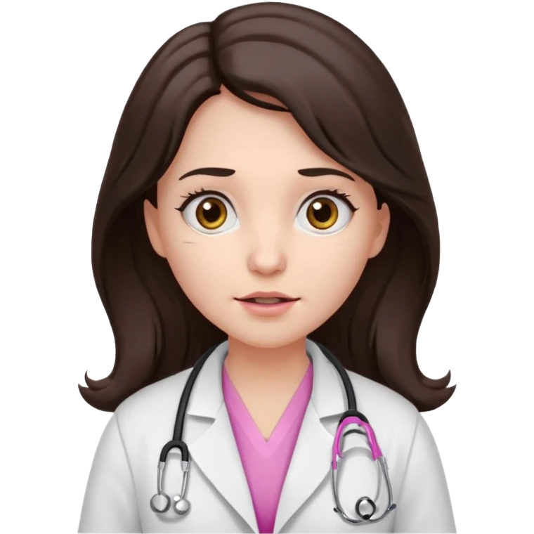 Barbie like emoji of a woman with white skin long wavy dark brown hair, brown eyes wearing a white lab coat and pink stethoscope and with a scared look emoji
