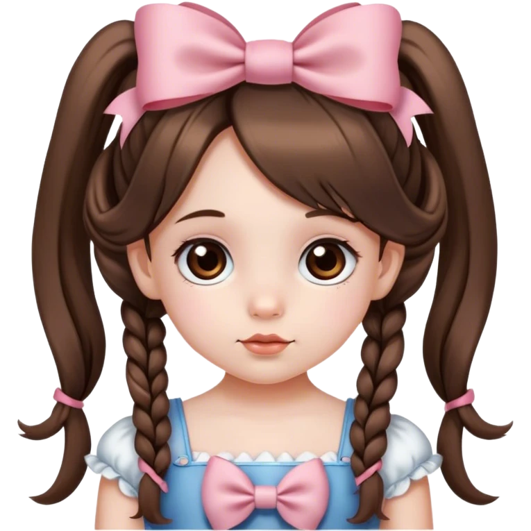 niña pequeña, muy bonita, de piel blanca, con cabello largo y dos coletas con lazo coquette cada una, con ojos marrones  emoji