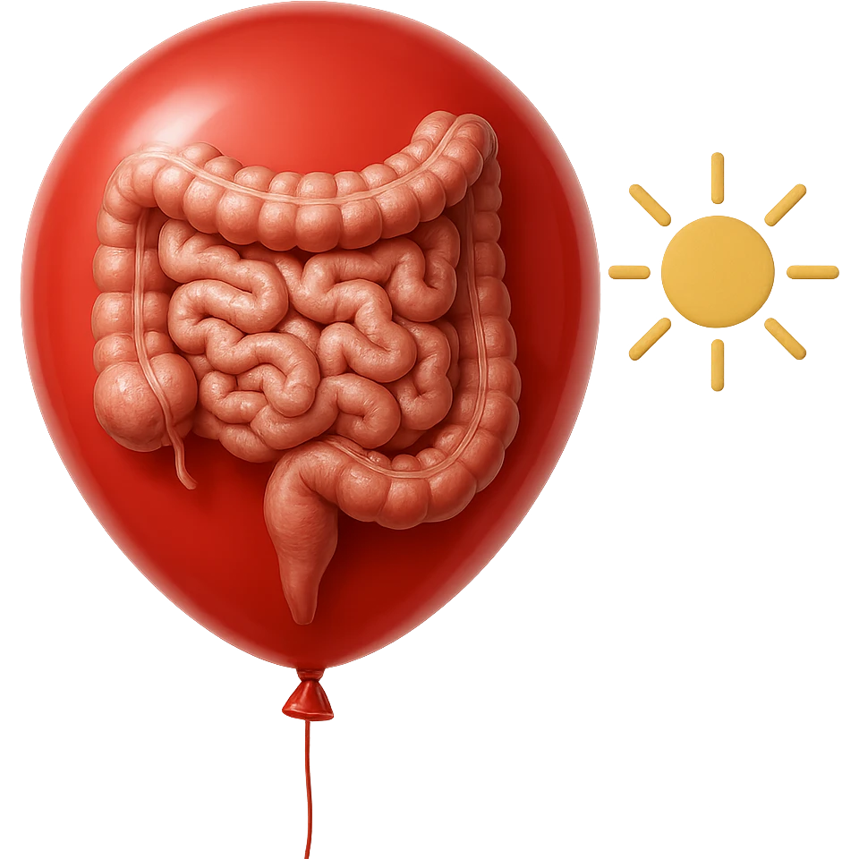intestino umano anatomico chiuso in un palloncino rosso che simboleggia gonfiore, accanto un simbolo di sole che simboleggia "gonfiori di mattina", iperrealistico 4k emoji
