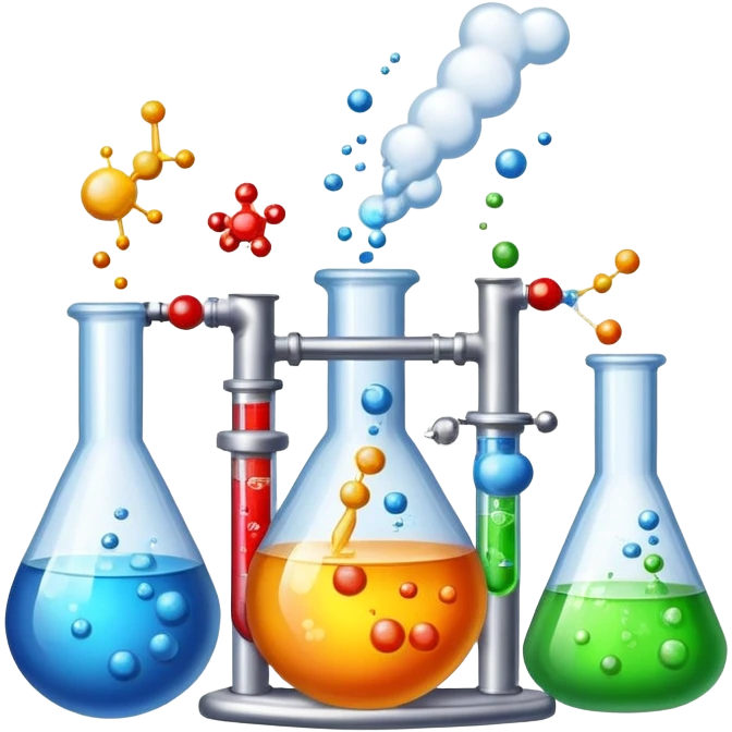 An icon featuring chemical flasks, liquids, powders, and chemical formulas, symbolizing the science of chemistry. The design includes bubbling reactions, molecular structures, and test tubes, representing experimentation and chemical analysis. Transparent background. emoji