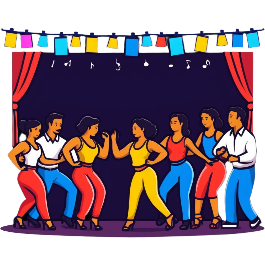 Colombian salsa night club with dancers, live band, and festive lights emoji
