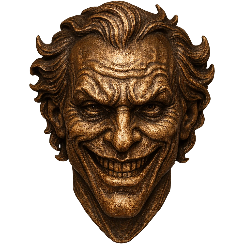 joker face with bronze color, stylized, expressive, detailed emoji