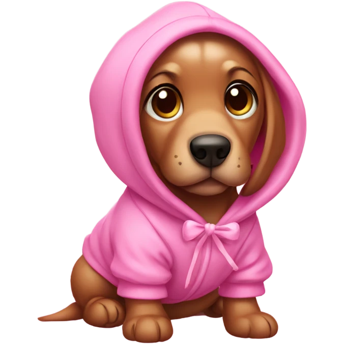 Sausage puppy wearing a pink hoodie and with pink bows on his ears emoji