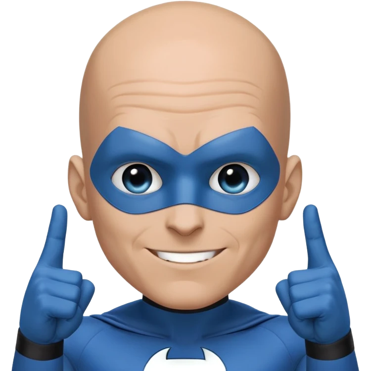 A blue-skinned male character with an extremely large bald head and a high forehead, wearing a sleek black and blue superhero-like suit. He is pointing to his temples with both index fingers and smiling in a clever, confident, and slightly mischievous way. emoji