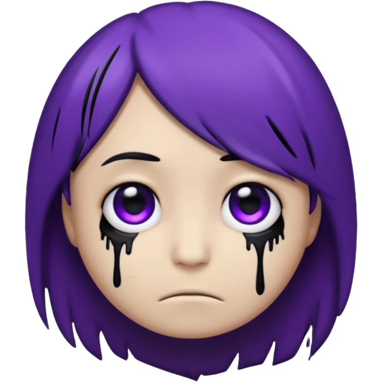 Normal emoji head, but with emo hair and black and purple paint around the eyes like an emo. And it’s looking sad emoji