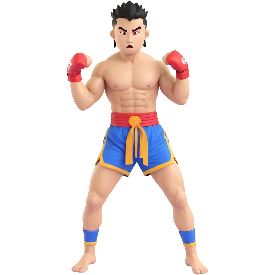 Rodtang Jitmuangnon with mohawk, intense expression, muscular build, in fighting stance, wearing mongkhon headband and Muay Thai shorts emoji