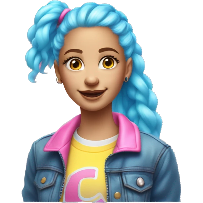 happy white girl with fluffy waist length neon pink hair, a half up half down hairstyle with two pigtails, side-swept bangs, blue eyes, a pastel yellow t-shirt and a translucent holographic varsity jacket emoji