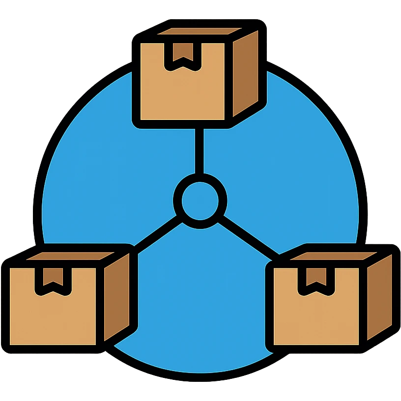 blue network in a circle form with brown packages at intersection points emoji