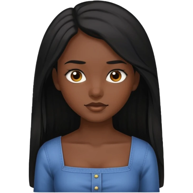 A dark skin girl with long black hair swept to the front and a square neckline shirt and brown eyes emoji