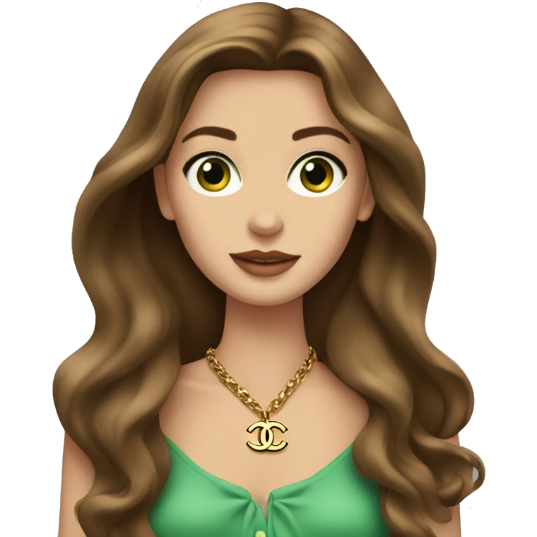 A Chanel girl with long brown hair, green eyes, a Birkin bag and a Chanel necklace emoji