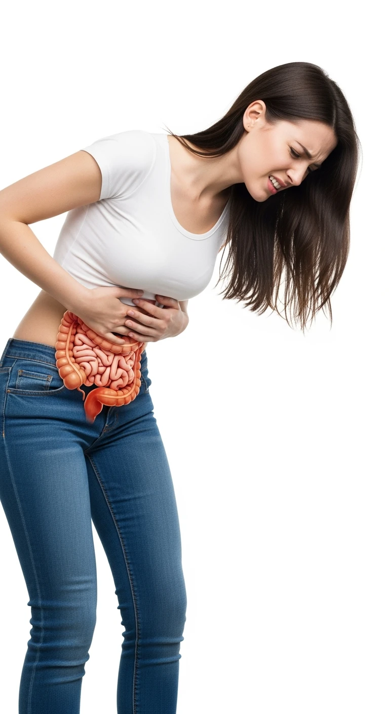 donna giovane piegata in avanti con mal di pancia e INTESTINO UMANO ANATOMICO IN EVIDENZA, iperrealistica 4k, ISOLATA SU SFONDO BIANCO emoji