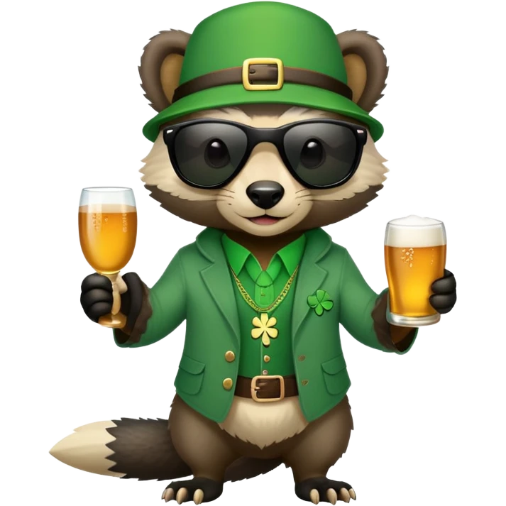 friendly anthropomorphised honey badger in a casual green-themed outfit with St. Patrick's Day accessories, wearing sunglasses emoji