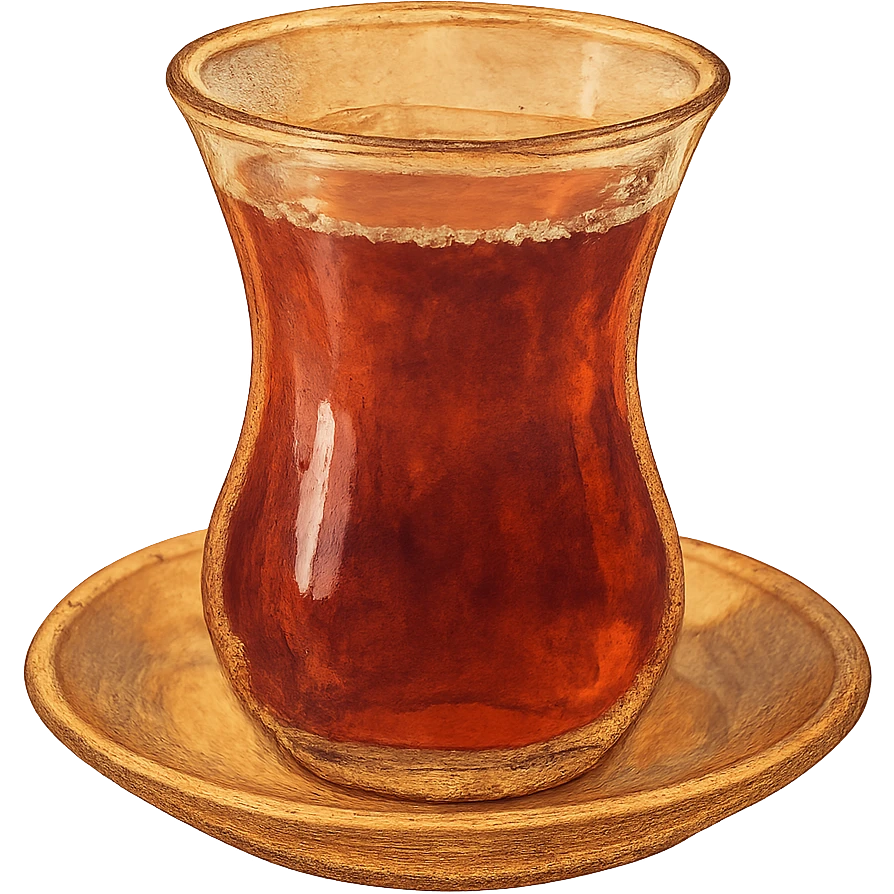 ghibli style, warm colors, çay in a tulip glass emoji