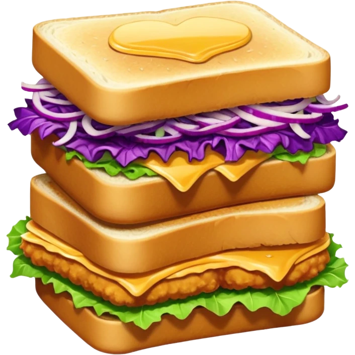 A cute, simplified emoji-style illustration of a stacked chicken sandwich — two thick golden toast slices, a crispy breaded chicken fillet, green lettuce, and purple cabbage slaw, with glossy dark sauce dripping down the sides. emoji