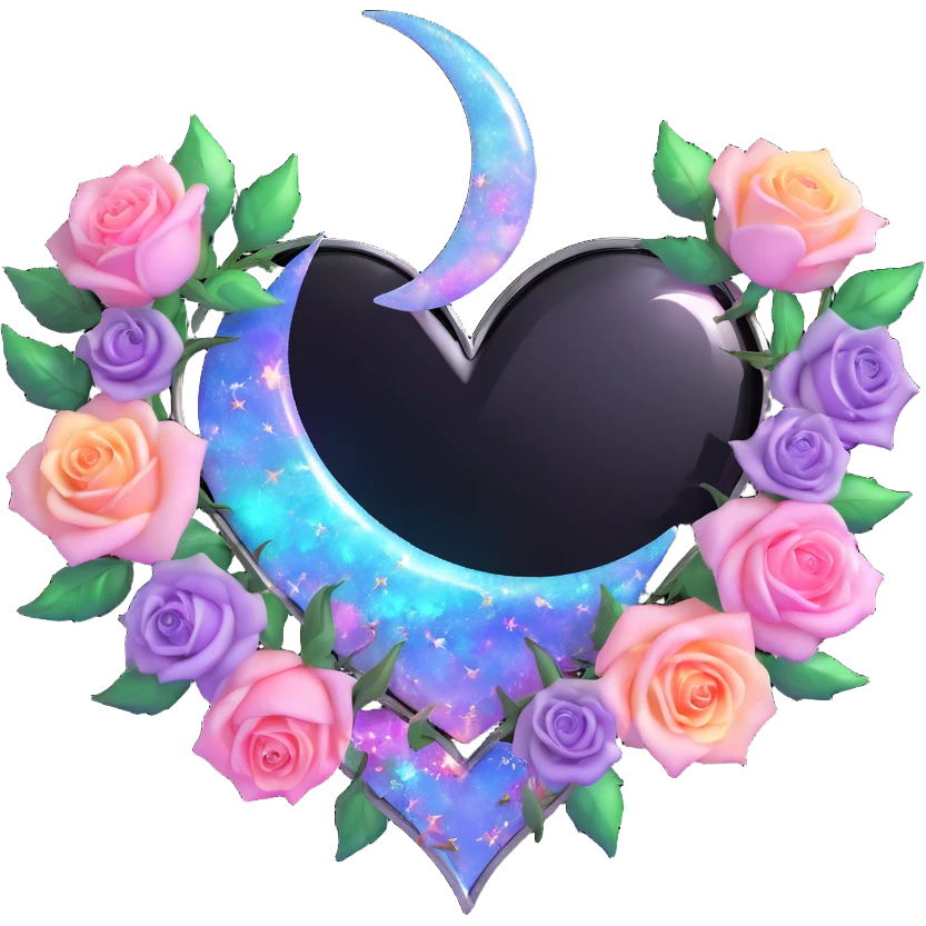 gothic heart made of opal glass, silver crescent moon, pastel roses, holographic stardust, neon rainbow lightning, drenched and splintered glass emoji