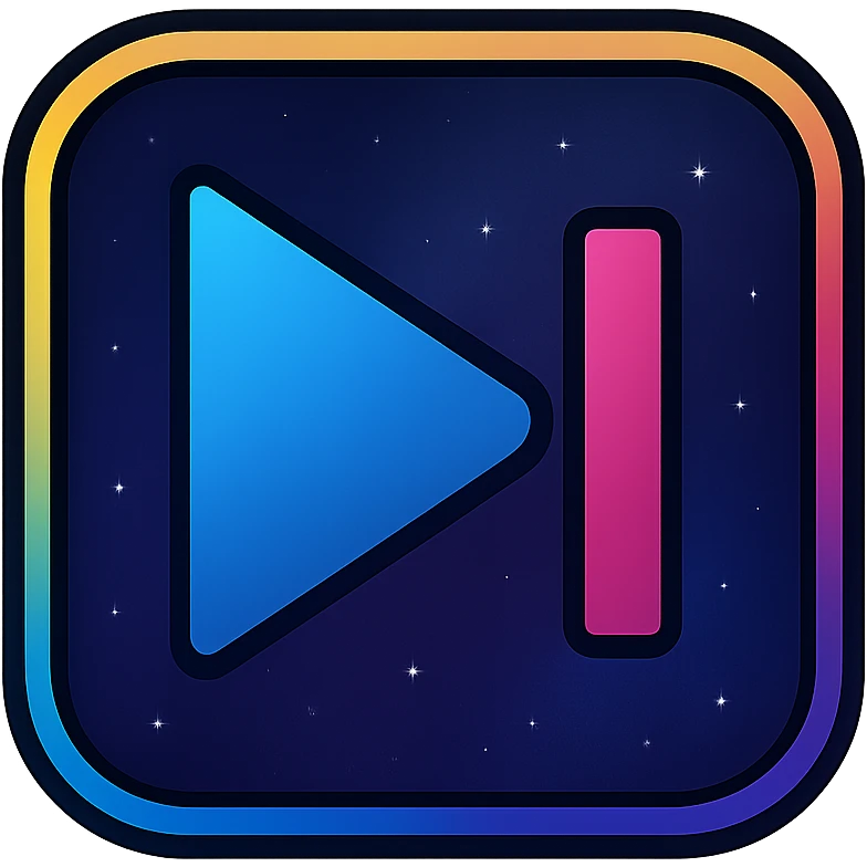 next song icon with dark purples, blues, black base, neon glowing border, sophisticated nebula gradients, subtle small stars, clean lines, minimalistic, luminous effect, accent colors cyan, pink, yellow, green, orange, professional look, consistent with media controls set emoji