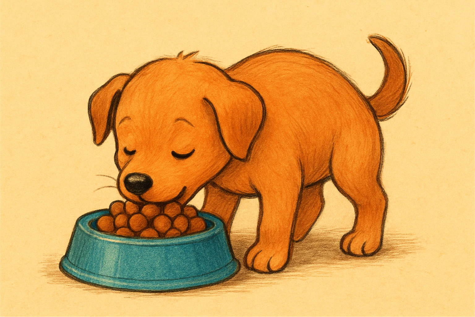 Make the dog a cute puppy eating dog food, keep the same style as the original image. emoji