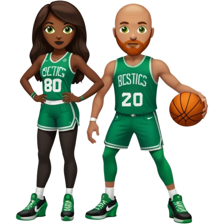 48-year-old dark skin black woman with brown eyes, long dark brown hair dressed in sexy 
celtics jersey costume outfit wearing stilettos heels. A bald white man with ginger beard. he has blue/green  eyes, wearing a Jason Tatum Boston Celtics Jersey & green Nike sneakers  emoji