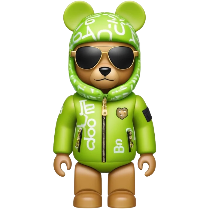 sleek bearbrick with lime balaclava covered in logo graffiti, futuristic single continuous visor sunglasses as one solid piece, no eye division, luxurious voluminous puffy coat with fur trim, gold chain accessories emoji