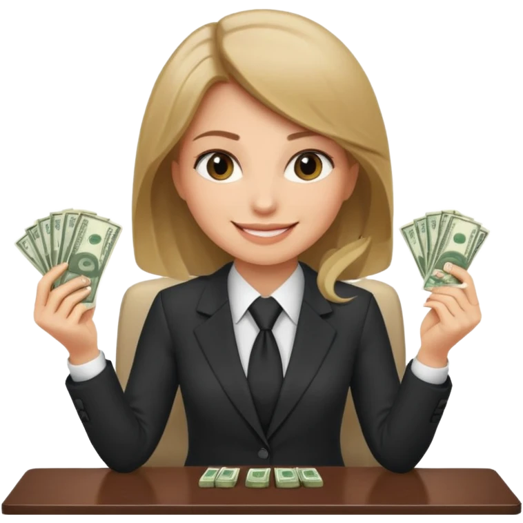 Девушка с темно русыми волосами которая начальник и она сидит красиво и счастлива с деньгами в руках emoji