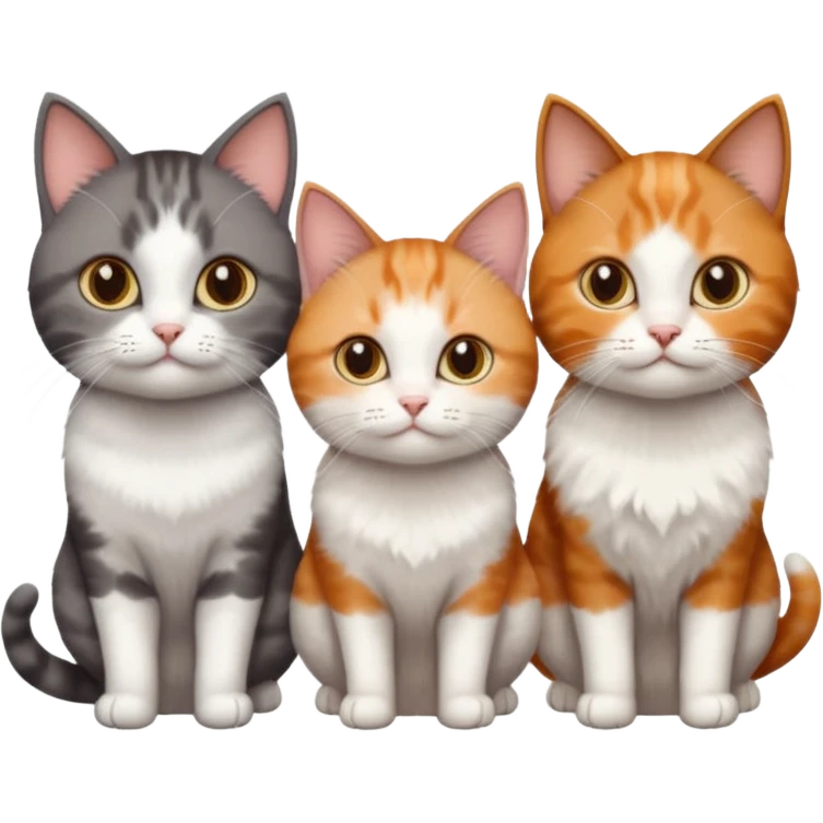 3 different coloured tiny short haired cats, including a dark grey and white cat, and a dark brown tabby and white and a ginger and white emoji