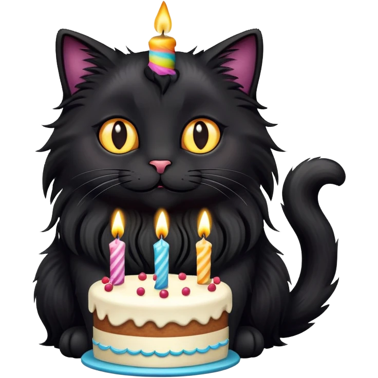 Long haired fluffy black cat with birthday cake emoji