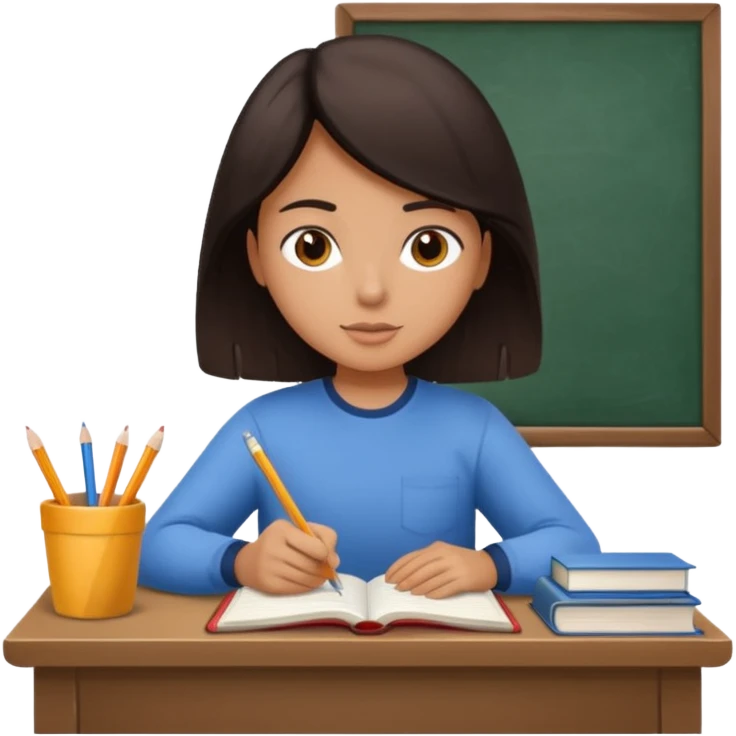 A student with dark hair is reading a book and taking notes in a notebook. There are also papers and textbooks on the table. emoji
