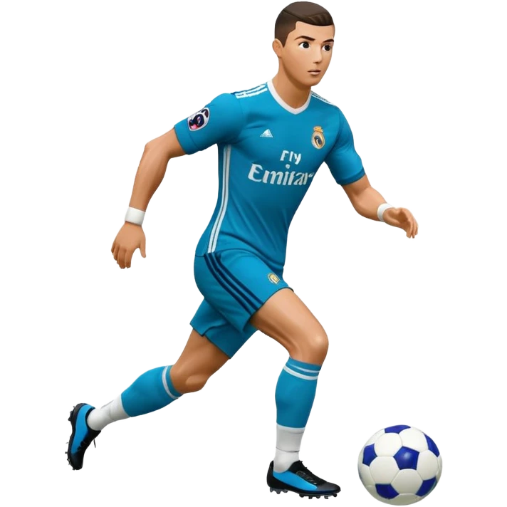 Ronaldo dribbling with a touch into a football While wearing a 2018 real madrid Retro blue kit  emoji