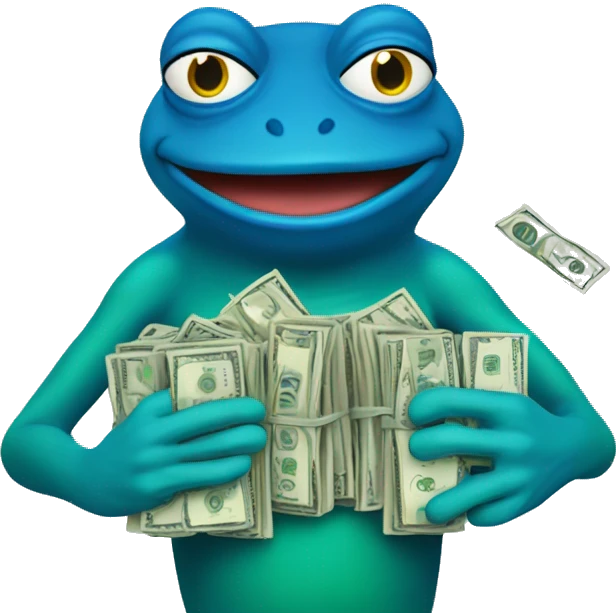 blue pepe frog holding a pile of cash emoji