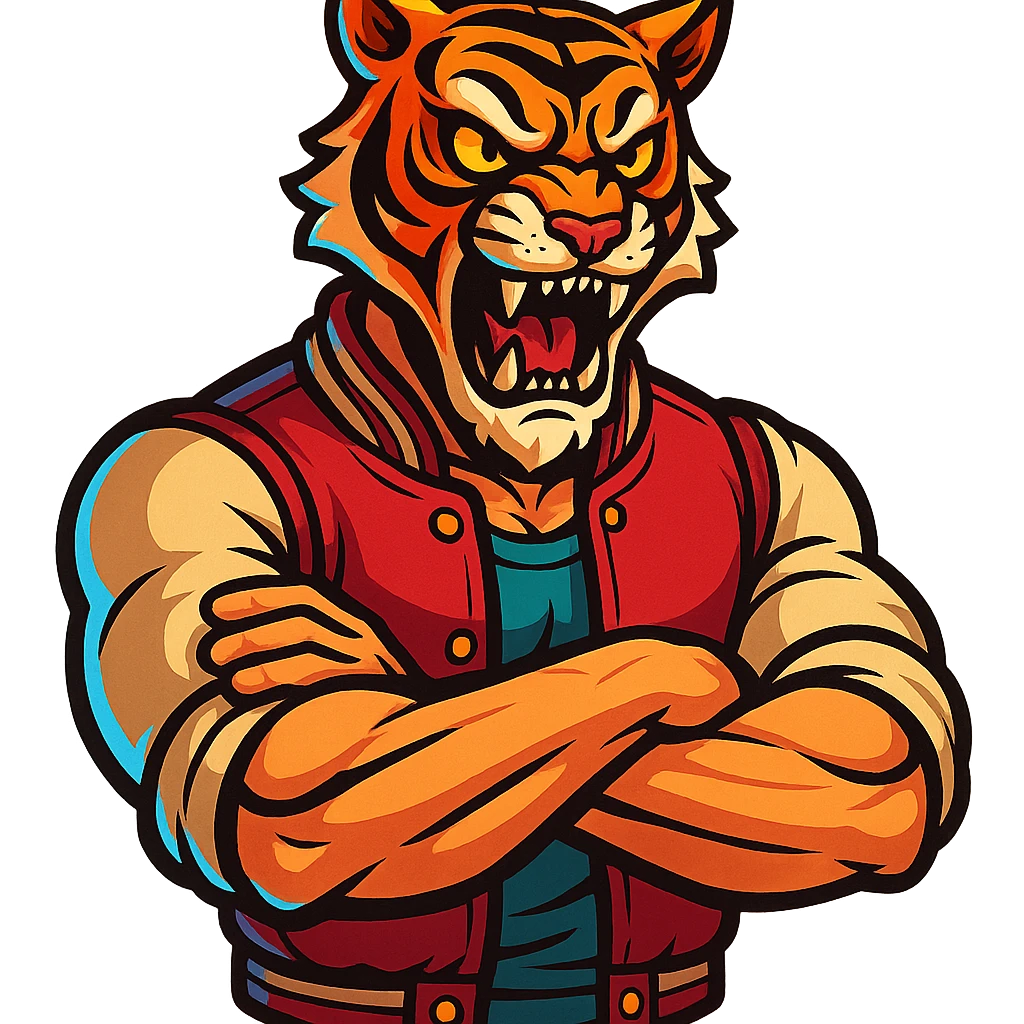 Tony from Hotline Miami, muscular man in varsity jacket with tiger mask, vibrant toon style emoji