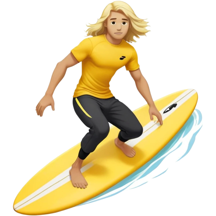 Man surfing on a yellow white board with long blond hair, yellow t-shirt with black Nike logo in center of chest, black baggy sweatpants. emoji