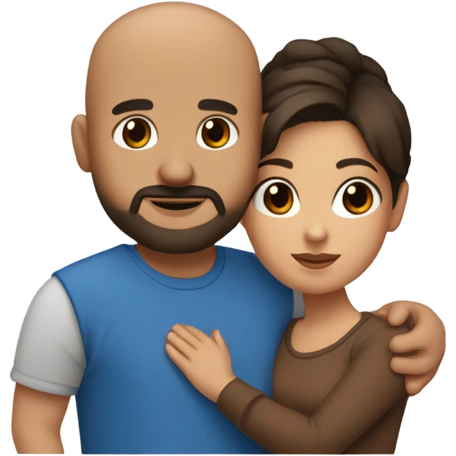 Comforting hug from brunette Puerto Rican with dark brown eyes wearing a cute blue top to short, bald man with brown eyes and a beard wearing a brown sweater emoji