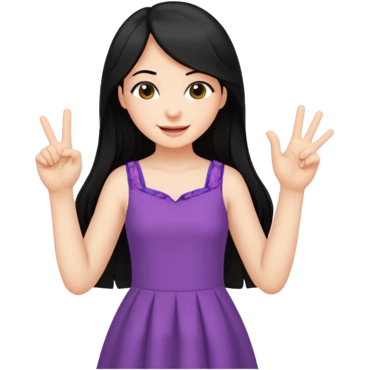 cewe rambut panjang hitam ceria keliatan setengah badan aja dan badannya kayak lagi nyender madep samping  ke sesuatu di sebelahnya bajunya ceria dress tangannya 2 jari emoji