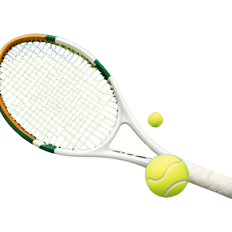 A tennis racket resting on the green grass of a tennis court, with a tennis ball placed nearby and the net stretching across the court. The background captures the fresh, open atmosphere of a traditional grass court, emphasizing the elegance and precision of the sport. emoji