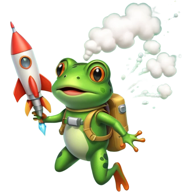 cute frog flying with a rocket pack, funny expression, rocket smoke trail, 3D cartoon, mobile game icon style, clean background, no text, no watermark emoji