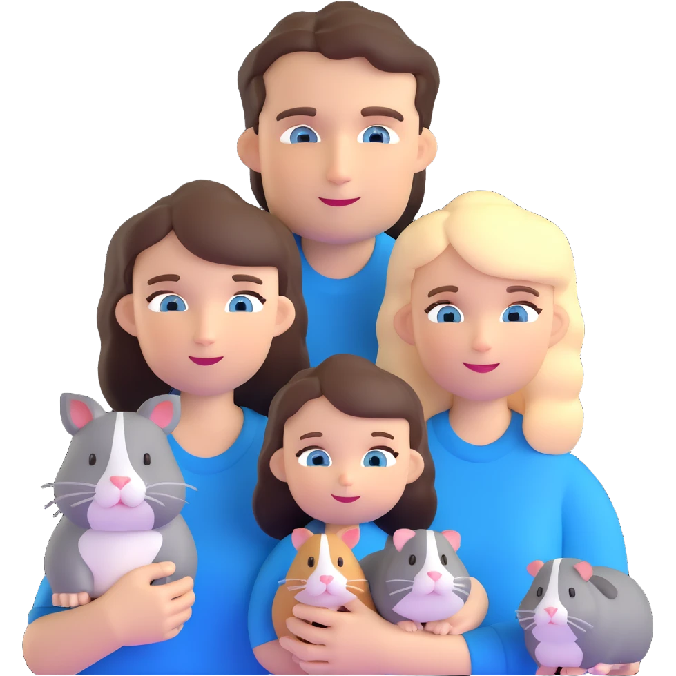 Family portrait with father with dark brown hair and blue eyes, mother with light brown hair and blue eyes, three blonde little girls with blue eyes, plus a grey cat and two guinea pigs emoji