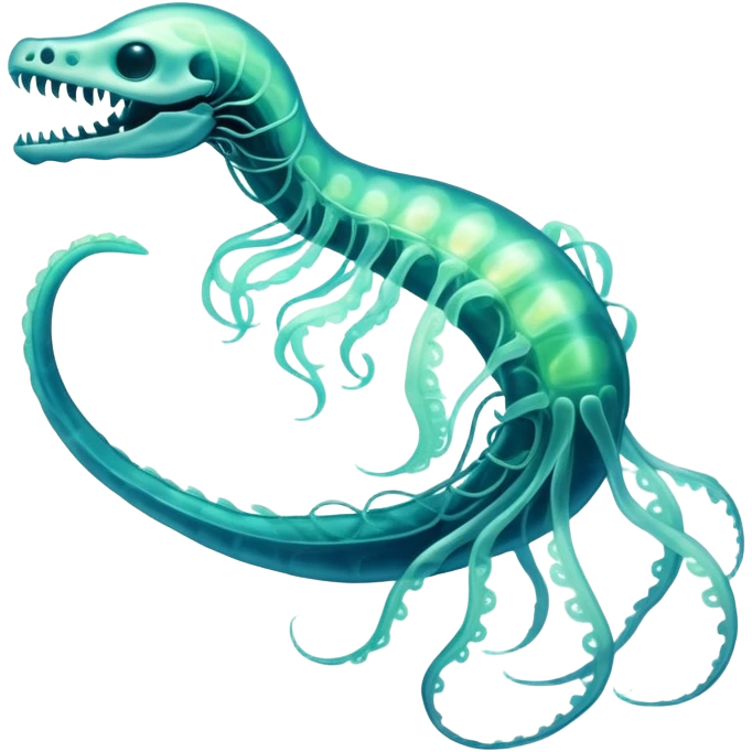 A phosphorescent deep-sea serpent with translucent scales that reveal its glowing skeleton, possessing both jellyfish-like tendrils and the ability to generate electrical pulses that illuminate the ocean depths. emoji