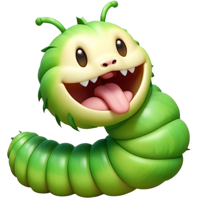 Cinematic Realistic Cute Yawning Caterpillar Portrait Emoji, Head tilted slightly with a dramatic, wide-open yawn, showcasing a soft, downy segmented body in vivid green with subtle drooping and half-closed, drowsy eyes, rendered with intricate natural texture and gentle shadows, high shine, relaxed yet expressive, styled with a dash of woodland charm, soft glowing outline, capturing the essence of a sleepy yet affectionate caterpillar that appears ready to stretch out and rest among the leaves! emoji