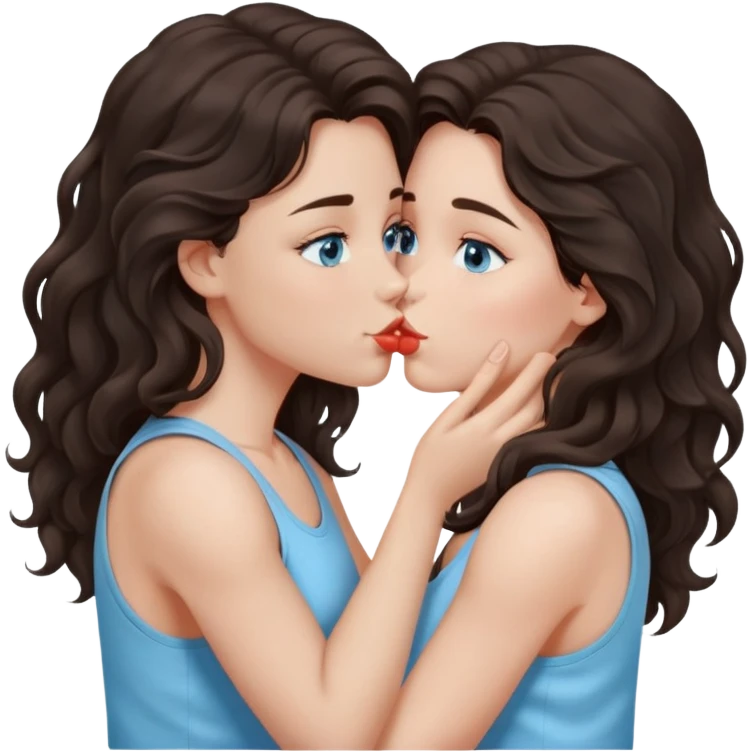 A girl with long, dark brown, wavy hair, grey-blue eyes, and a light blue tank top gives a kiss  emoji
