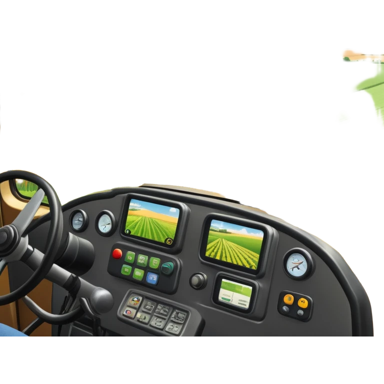 a view from the tractor cabin, with the dashboard in focus, overlooking a vibrant rural landscape. Inspired by Farming Simulator 22, the scene includes fields, crops, and distant barns under a bright sky. The design highlights the immersive experience of farm management. transparent background emoji