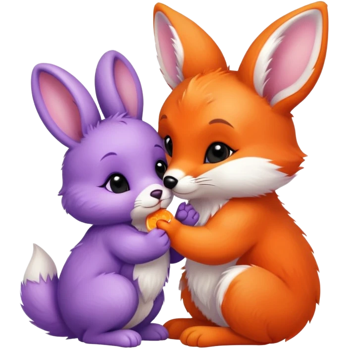 A small purple bunny kissing an orange fox cub emoji