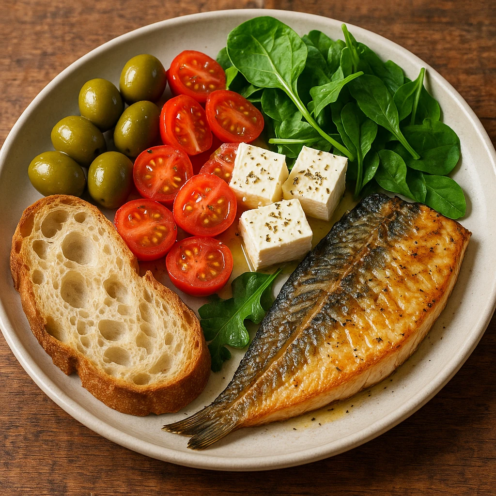 realistic illustration of a colorful Mediterranean meal plate with olives, tomatoes, feta cheese, grilled fish, bread, and fresh greens emoji