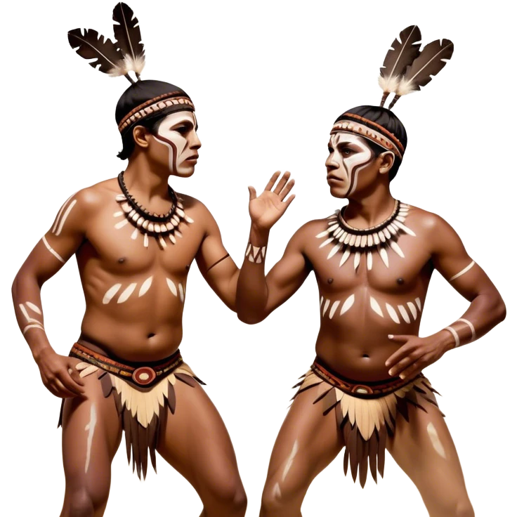Cinematic Realistic scene of two indigenous male aboriginals performing an Aboriginal Corroboree, adorned in traditional body paint, captured in fluid motion with earthy tones and vibrant, cultural lighting emoji