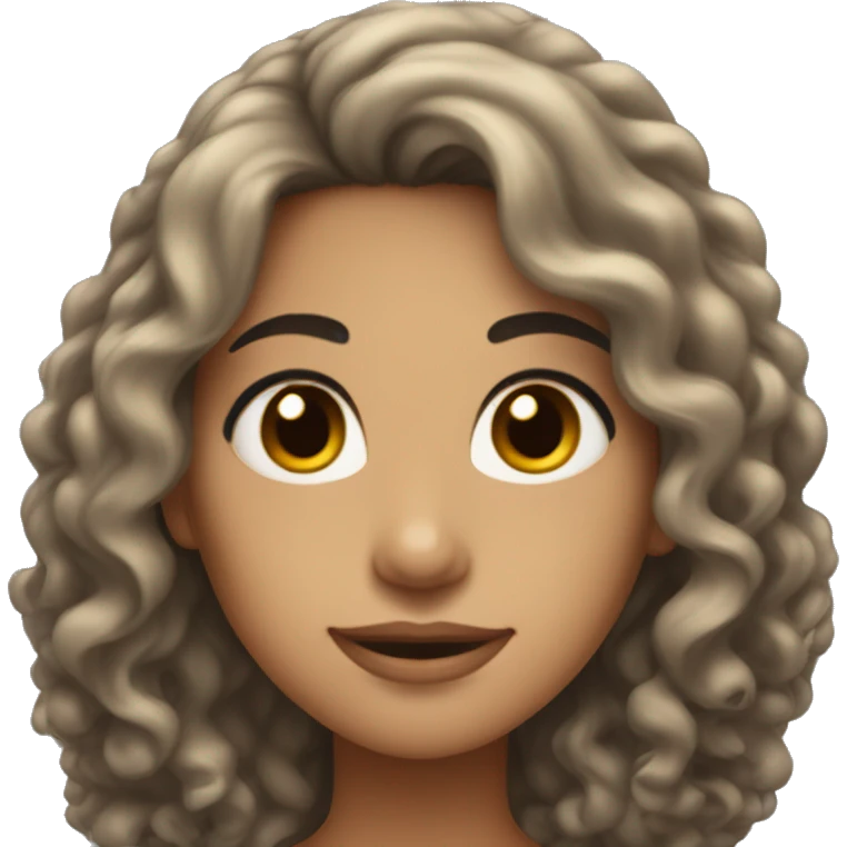 Showing Head, Tan skin woman, thick very long curly black hair , dark eyes, soft smile emoji