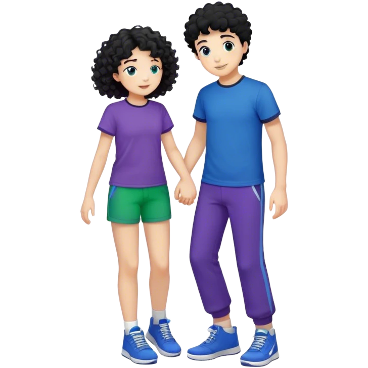 curly haired girl with blue t-shirt, purple wide trousers and white sneakers giving a hug to a black haired boy with blue t-shirt, green short pants and bñack boot sportshoes emoji
